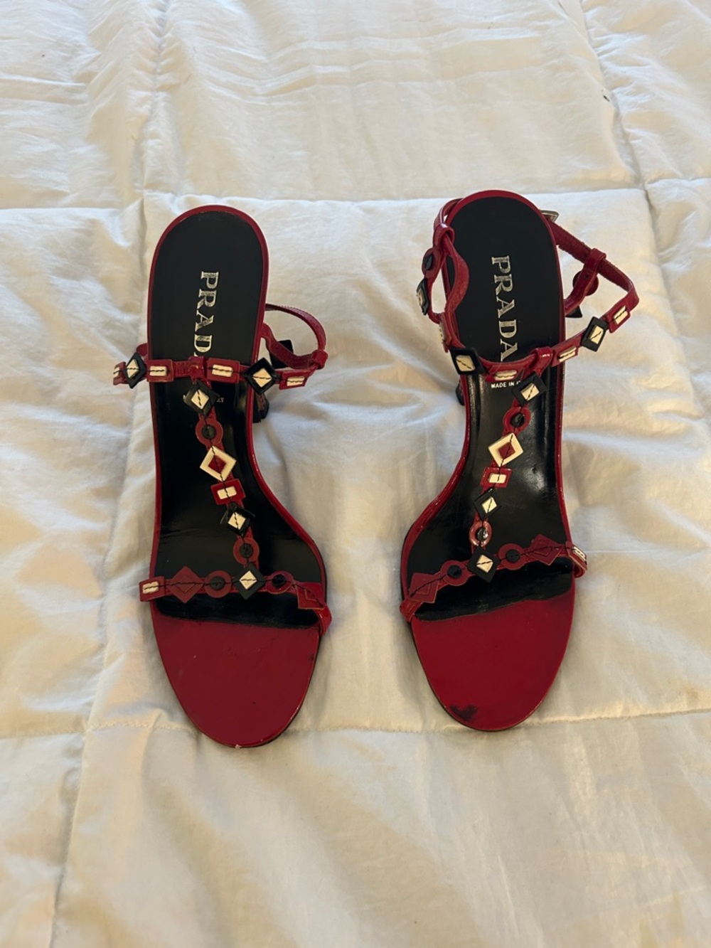 Prada Burgundy Red T-Strap Gem-Embellished Heels. Size 7.5 - Picture 3 of 5